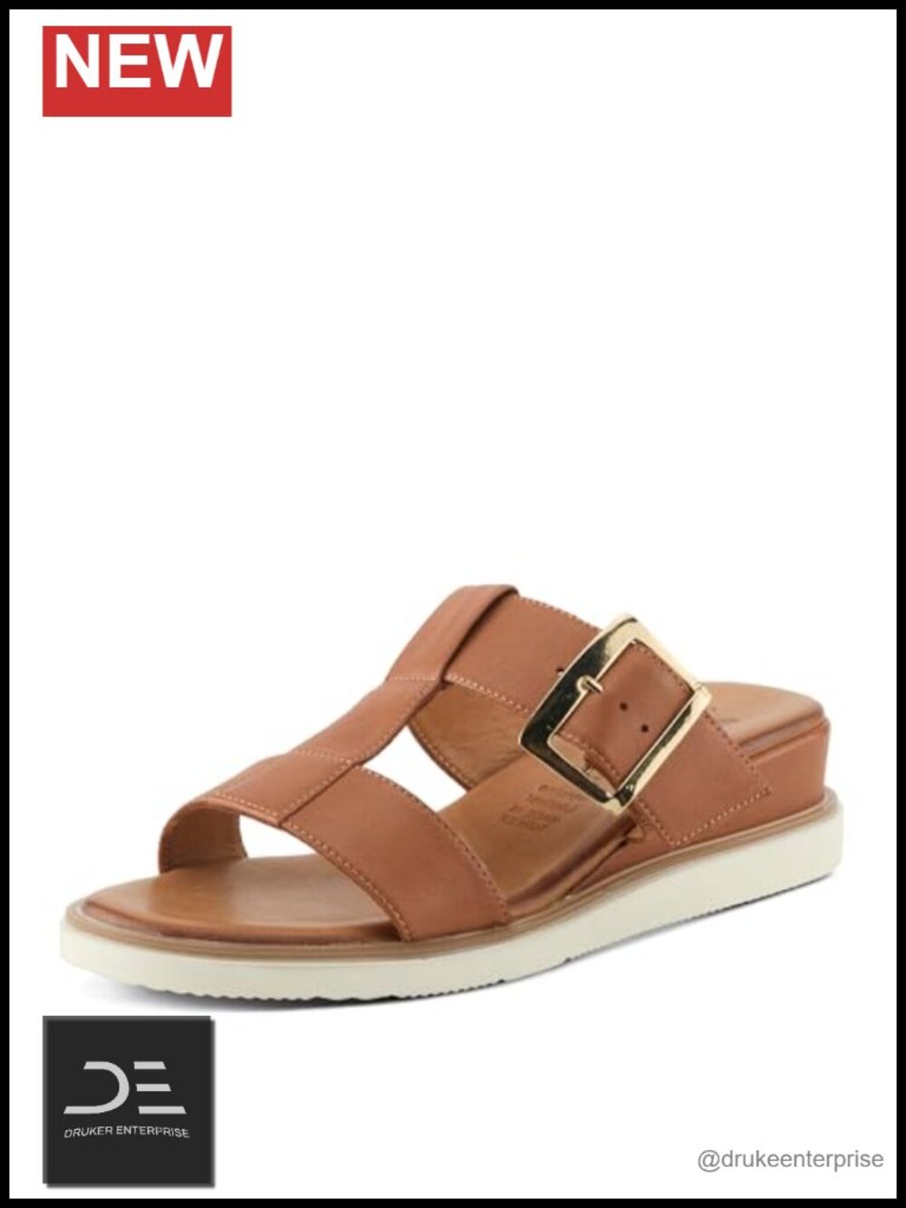 Leather Wedge Sandals with Buckle Detail, Round Toe, Slip On